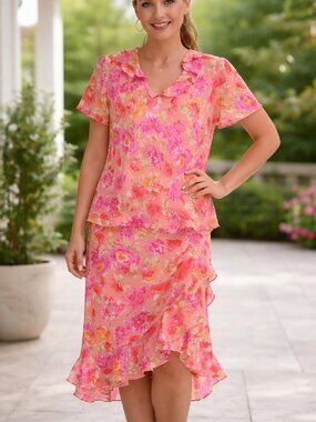 NWT Danny & Nicole Chiffon 2pc Set Pink Orange Floral Ruffle Elastic Skirt Sz 18